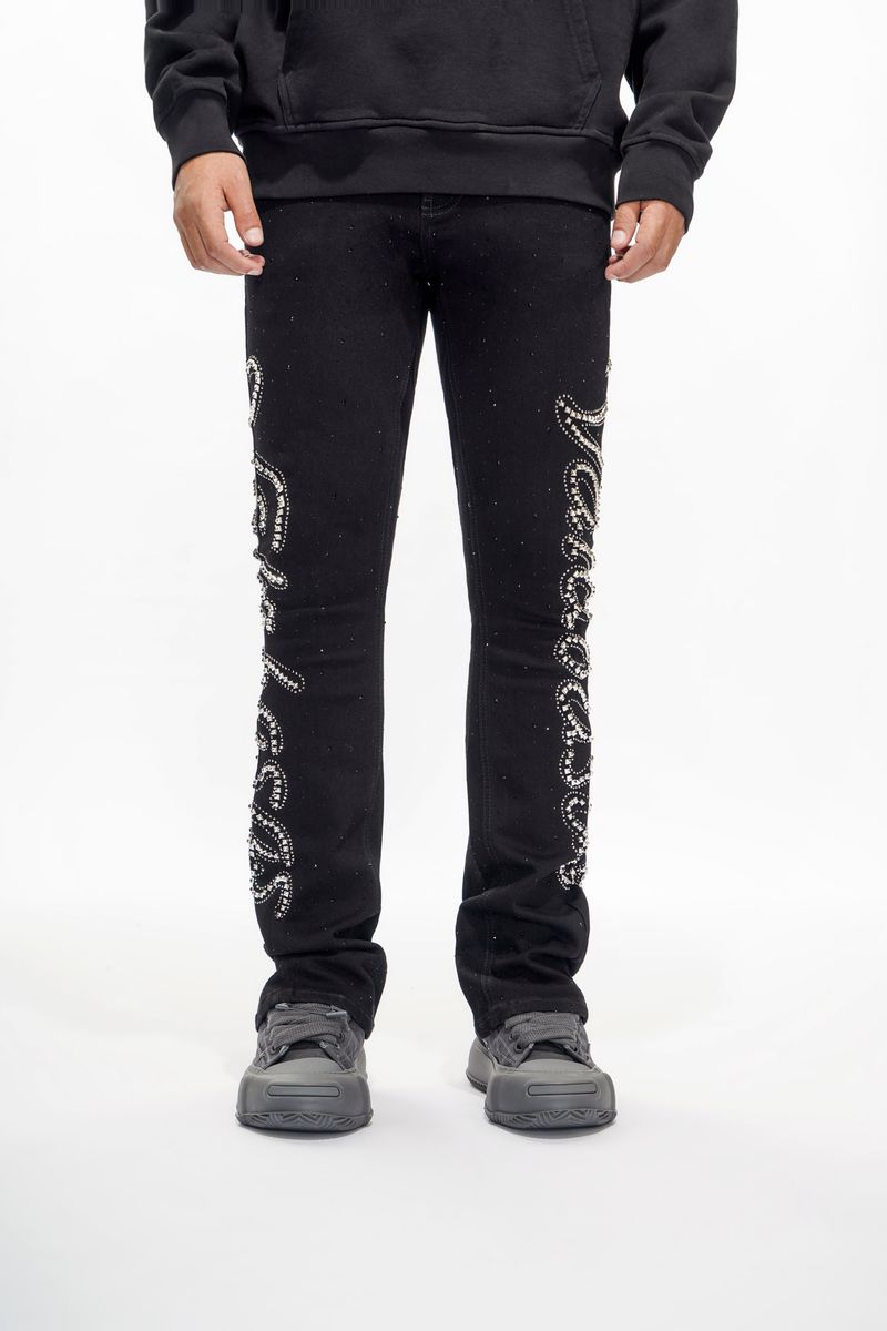 Valabasas Lattice Jet Black  Flare Stacked Jeans
