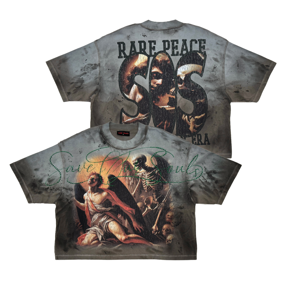 Pare Peace Print Rhinestone  Grey T-Shirt