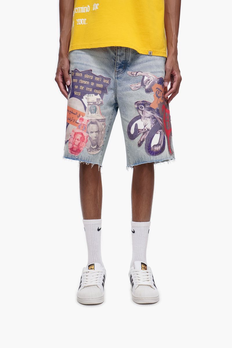 The Trnchs Collage Light Blue Wash Denim Shorts