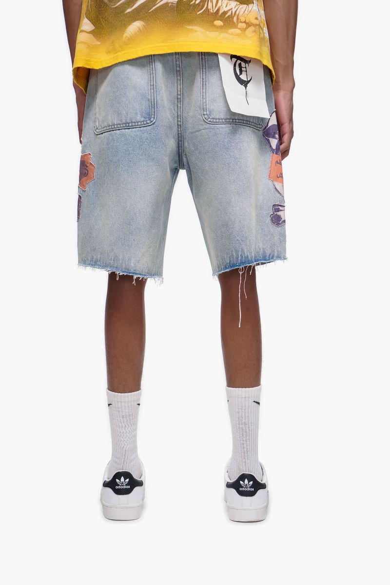 The Trnchs Collage Light Blue Wash Denim Shorts