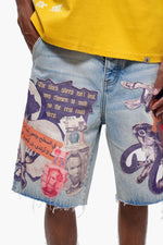 The Trnchs Collage Light Blue Wash Denim Shorts