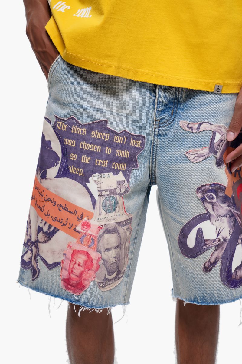 The Trnchs Collage Light Blue Wash Denim Shorts