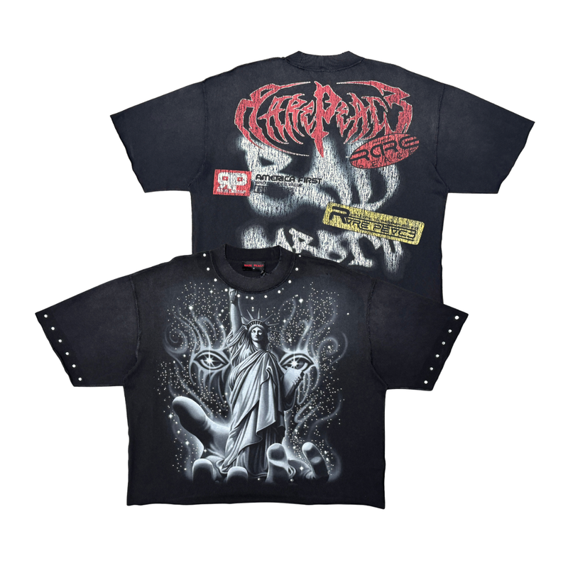 Rare Peace Print Rhinestone Black T-Shirt