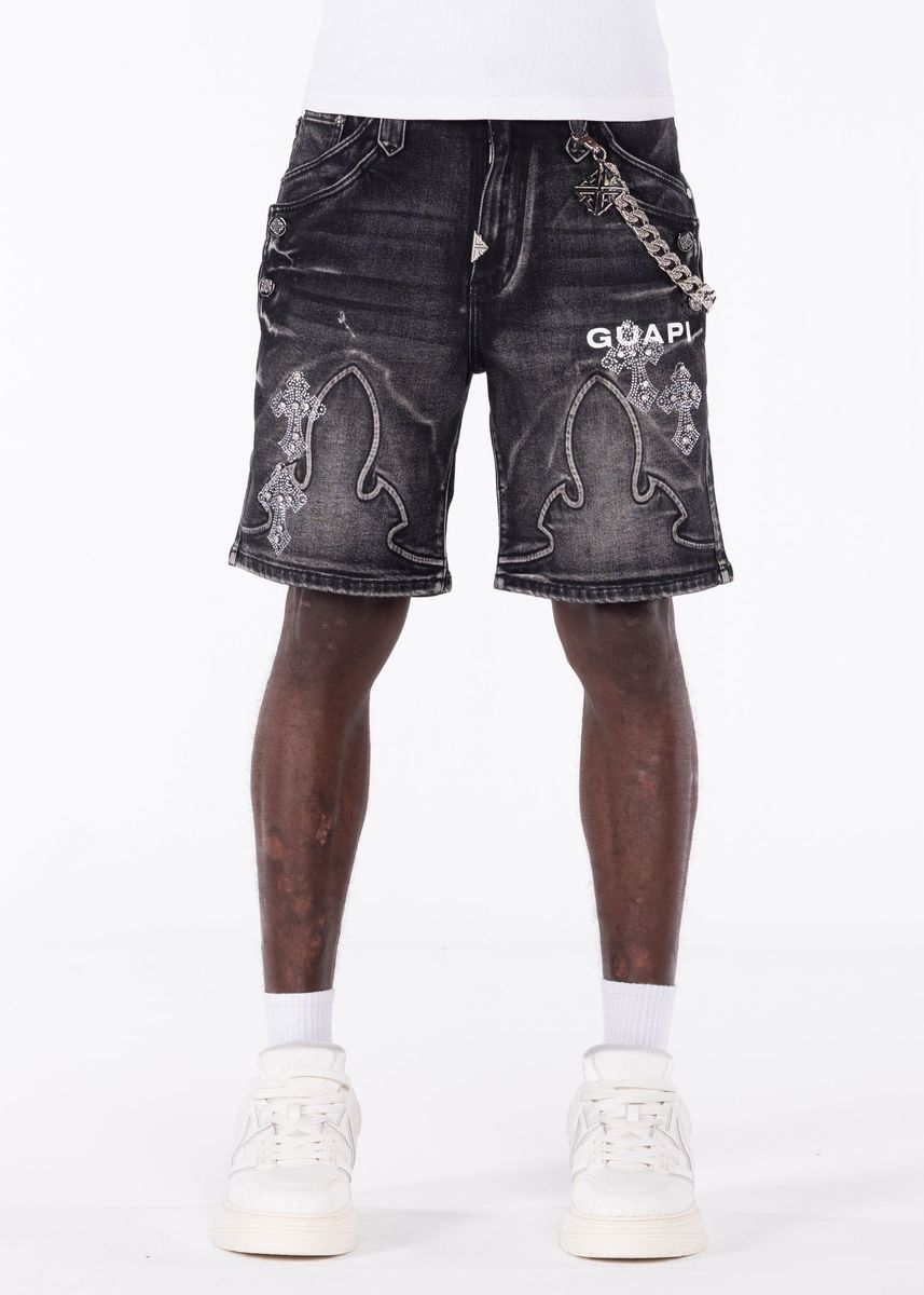 Guapi Obsidian Black Faded Cross Denim Shorts