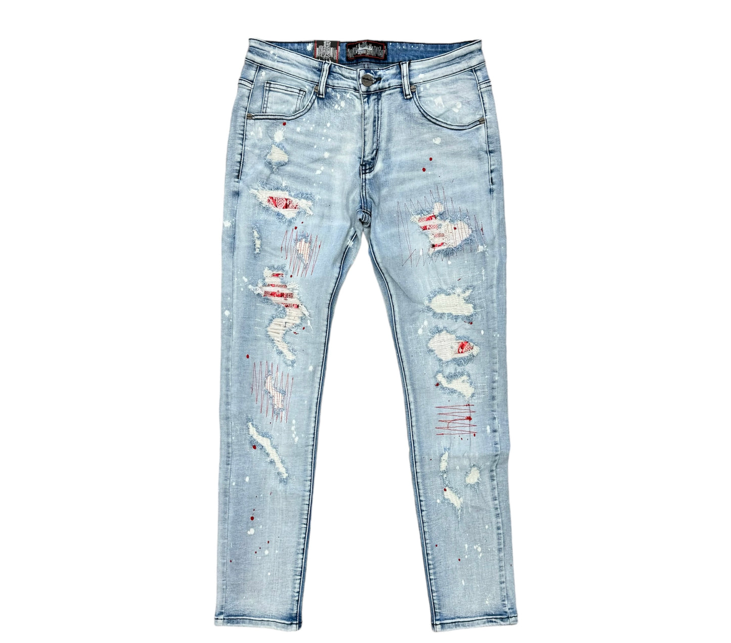 DenimiCity Rip Repair Bleached LT.Blue Wash With Red Snake Stitch Denim