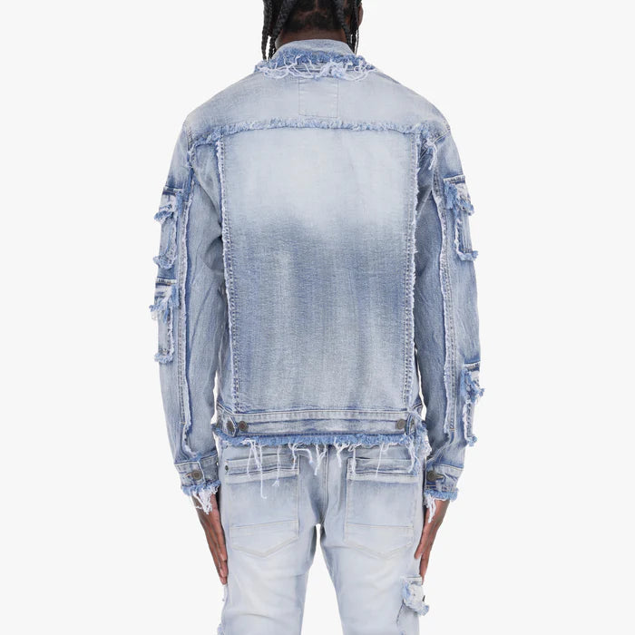 Copper Rivet Light Sand Blue Frayed Denim Jacket