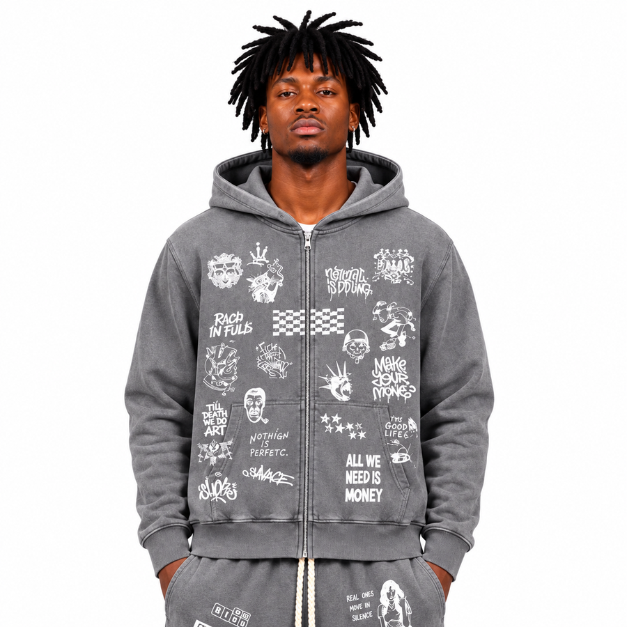 Focus Rich Dreams zip up hoodie Wash Grey