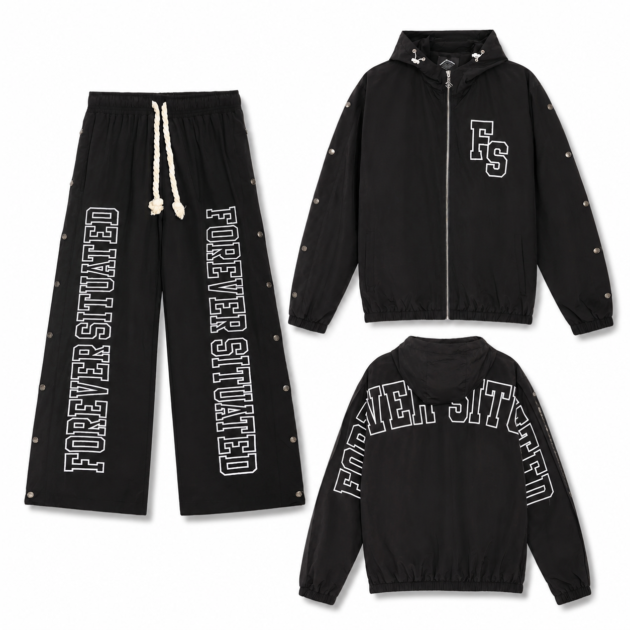 Forever Situated Nylon Track Jogger Set Black