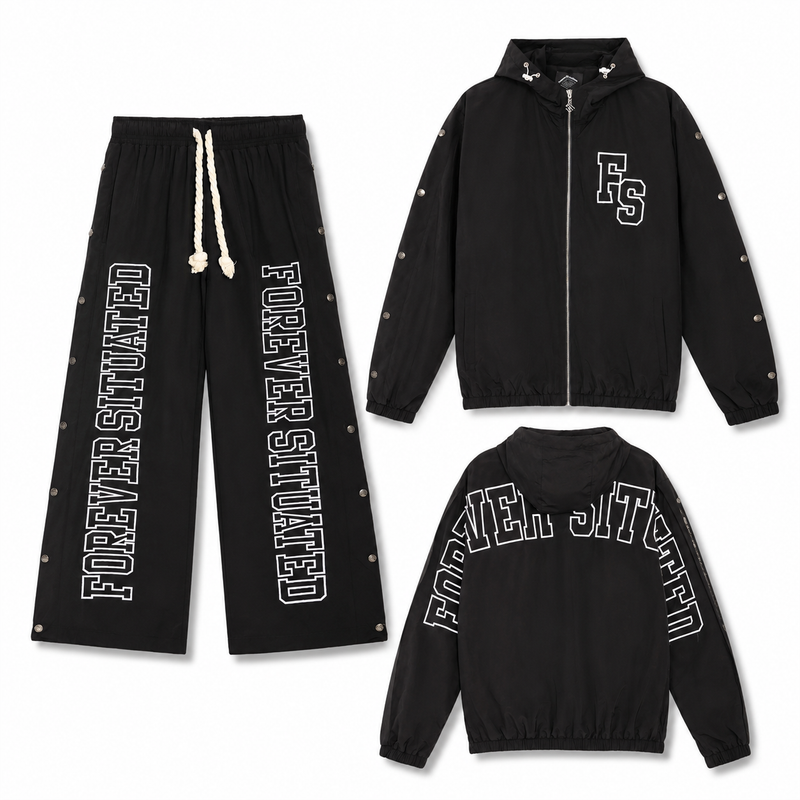 Forever Situated Nylon Track Jogger Set Black