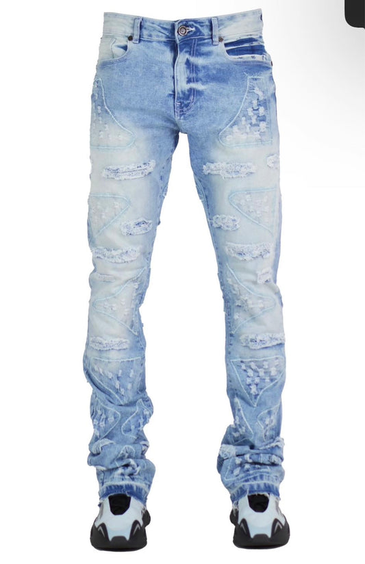 Focus Denim Cut & Sew Distressed Ice Blue Stacked Flare