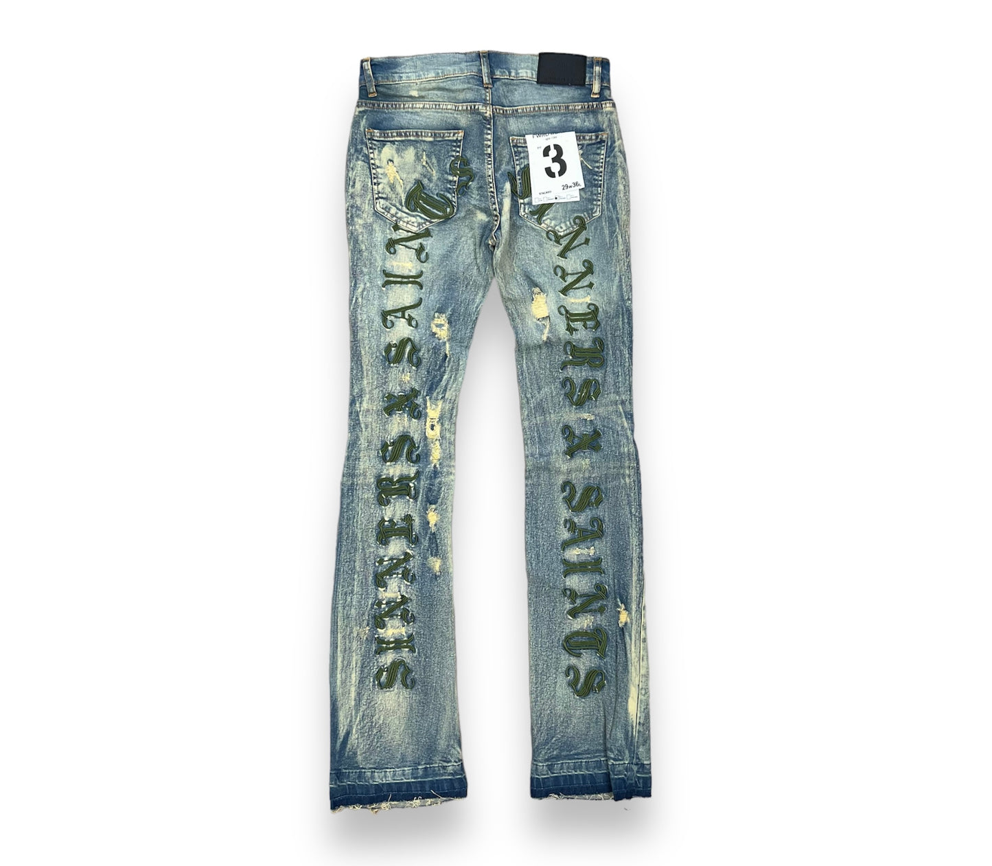 FWRD SAINT X SINNERS L.TINT/OLIVE  STACKED FLARE  JEANS