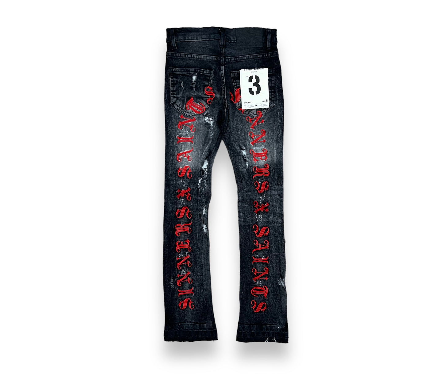 FWRD SAINT X SINNERS WASH.BLACK/RED STACKED FLARE  JEANS TODDLER'S