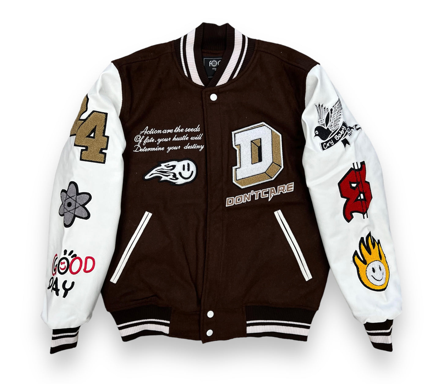 FOCUS WORLD IS YOURS VARSITY JACKET BROWN