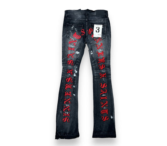 FWRD SAINT X SINNERS WASH.BLACK/RED STACKED FLARE JEANS