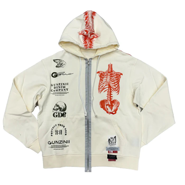 Gunzinii Protect Your Neck Skeletal Zip Up Hoodie Cream