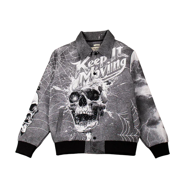 Majestic Keep It Moving  Rhinestone Tapestry Varsity Jacket