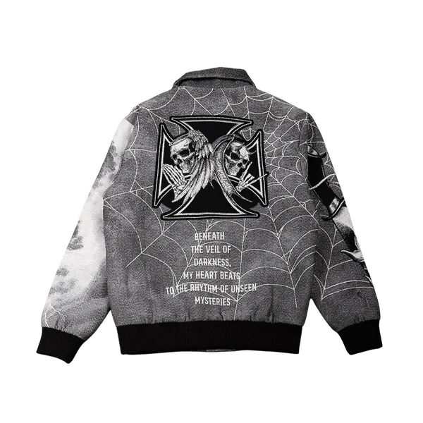 Majestic Keep It Moving  Rhinestone Tapestry Varsity Jacket