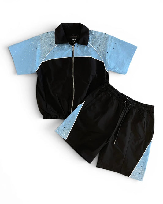 Kindred Rhinestone Nylon Short Set Black / Blue