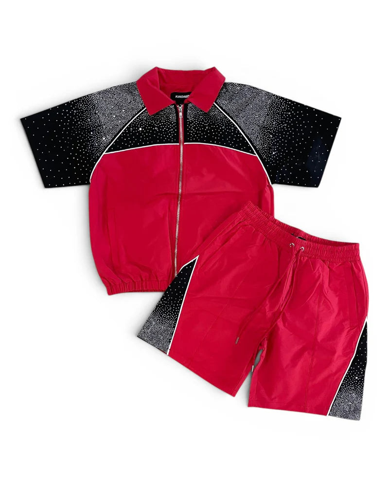 Kindred Rhinestone Nylon Short Set Red / Black