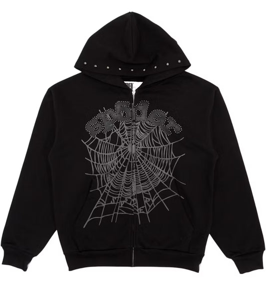 Sp5der OG Web Studded Zip Hoodie Black