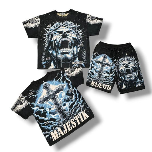 Majestik Tapestry Rhinestone Black/Blue Men's Short "Set