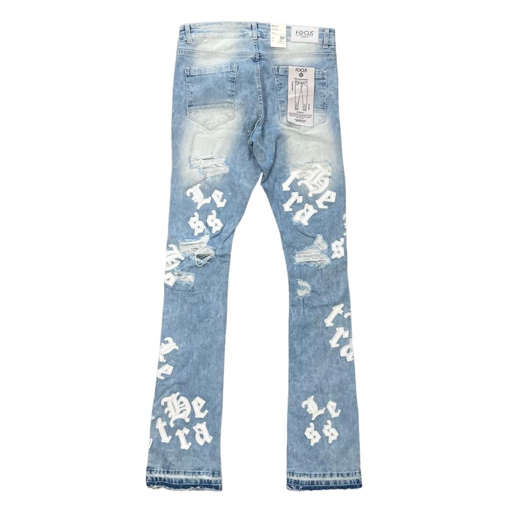 FOCUS HEARTLESS LETTERING STACKED FLARE JEANS ICE BLUE