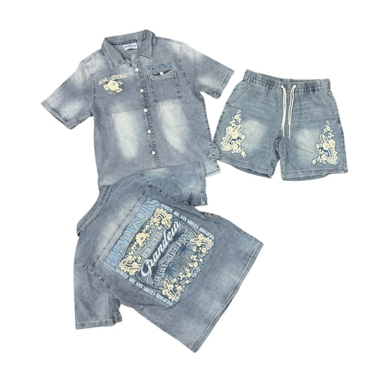 Smoke Rise Button Down Blue Jeans Short Set