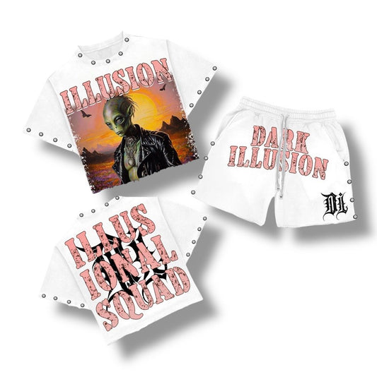 Dark Illusions ( SunSet Alien Set ) White Cropped Short Set