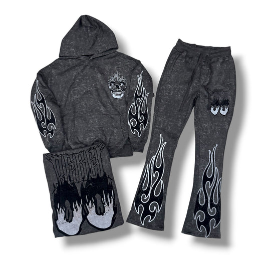 Rebel Minds Flame Skull Wash Black Jogger Set