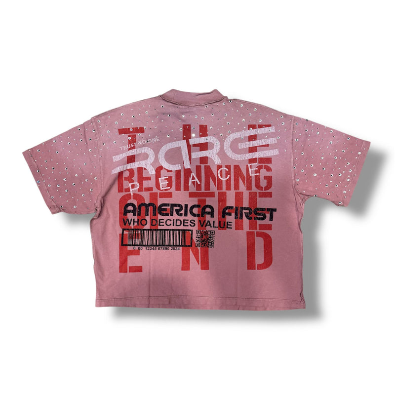 Rare Peace Print Rhinestone Pink Dust T-Shirt