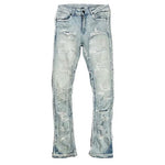 Focus Denim Heavy Distressed Ice Blue Stacked Flare