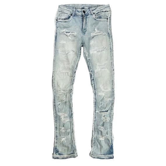 Focus Denim Heavy Distressed Ice Blue Stacked Flare