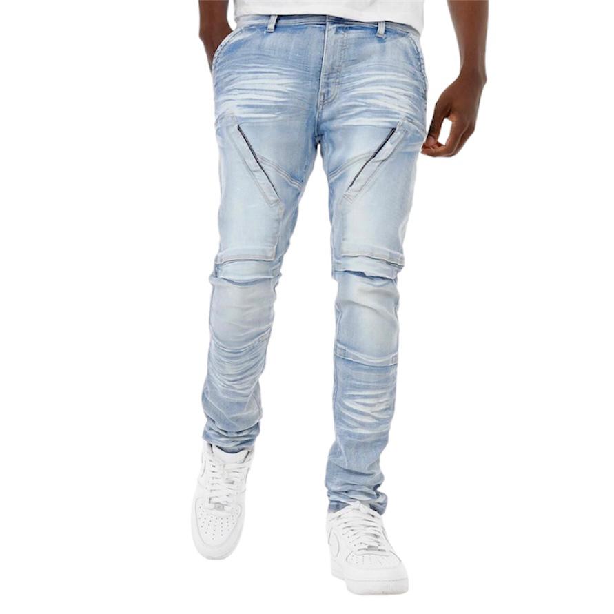 Copper Rivet Front Zipper Pocket Light Blue Jeans