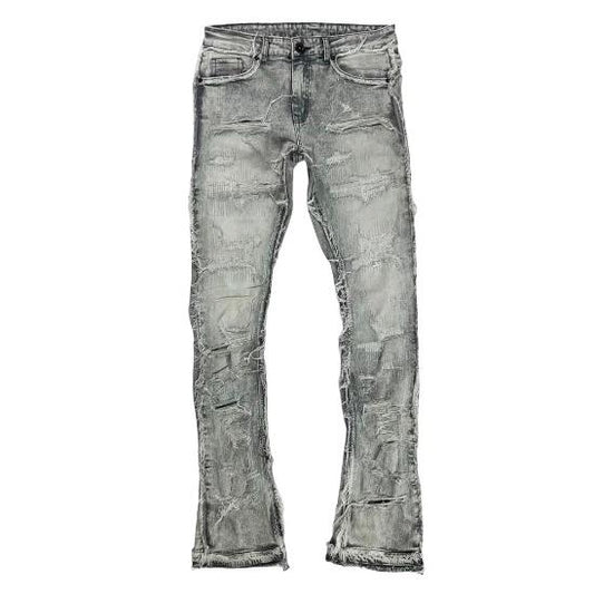 Focus Denim Heavy Distressed Grey Stacked Flare