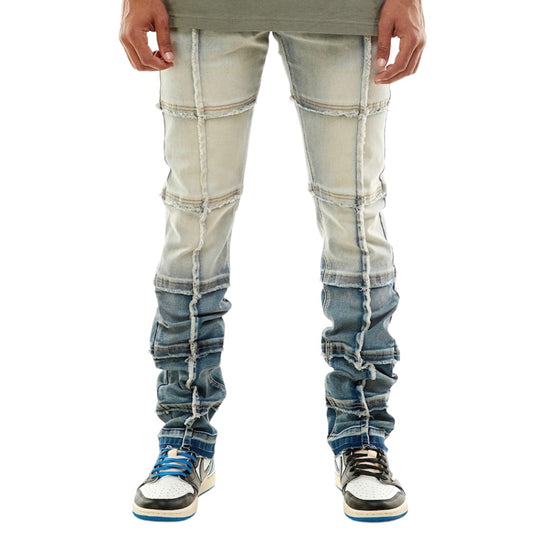 KDNK STACKED FLARE CUT & SEW FADED BLUE JEANS